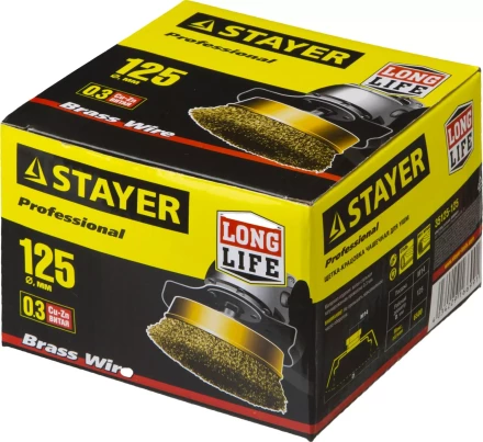 STAYER "PROFESSIONAL". Щетка чашечная для УШМ, витая стальная латунированная проволока 0,3мм, 125ммхМ14 35125-125 купить в Челябинске
