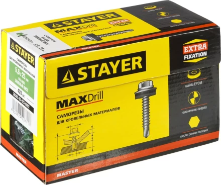 Саморезы СКМ кровельные, RAL 6002 зеленый лист, 25 x 5.5 мм, 420 шт, для металлических конструкций, STAYER 30305-55-025-6002 купить в Челябинске