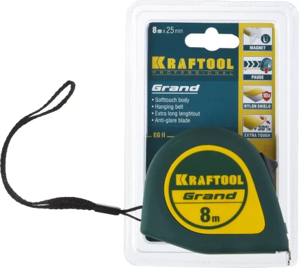 Рулетка KRAFTOOL GRAND, обрезиненный пластиковый корпус, 8м/25мм 34022-08-25 купить в Челябинске