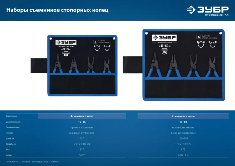 ЗУБР 4 шт, 180 мм, набор съемников стопорных колец, Профессионал (22826) купить в Челябинске