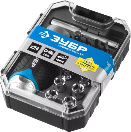 Набор ЗУБР &quot;ПРОФЕССИОНАЛ&quot;: Отвертка реверсив с двухкомп рукоят, насадки, CrMo, рукоят с отсеком для хранения бит, 24 предмета 25353-H24 купить в Челябинске