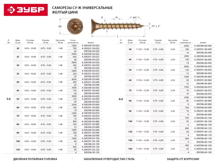Шурупы ЗУБР "МАСТЕР" по дереву желтопассивированные, 4.0x40мм, 280шт 4-300391-40-040 купить в Челябинске