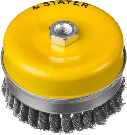 STAYER "PROFESSIONAL". Щетка чашечная усиленная для УШМ, жгутированная стальная проволока 0,5мм, 120ммхМ14 35137-120 купить в Челябинске