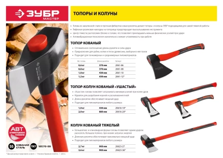 Топор ЗУБР &quot;МАСТЕР&quot; кованый с двухкомпонентной стеклопластиковой рукояткой, 1,2кг 2061-12 купить в Челябинске