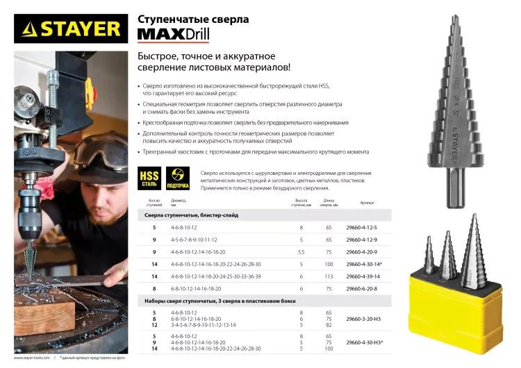 Набор STAYER "MASTER": Ступенчатые сверла по сталям и цвет.мет., сталь HSS, d=4-12мм,5 ступ. d 4-20 мм 9 ступ., d 4-30мм 14ступ. 29660-4-30-H3 купить в Челябинске