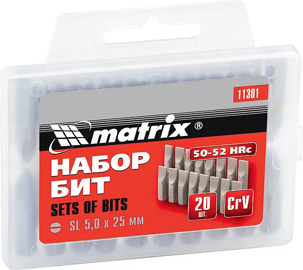 Набор бит SL5,0 x 25 мм, сталь 45Х, 20 шт., в пласт. боксе  MATRIX 11301 купить в Челябинске