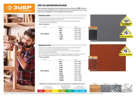 Лист шлифовальный ЗУБР &quot;СТАНДАРТ&quot; на тканевой основе, водостойкий 230х280мм, Р80, 5шт 35415-080 купить в Челябинске