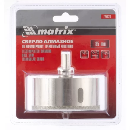 Сверло алмазное по керамограниту 85 х 67 мм 3-гранный хвостовик MATRIX артикул 726823 купить в Челябинске
