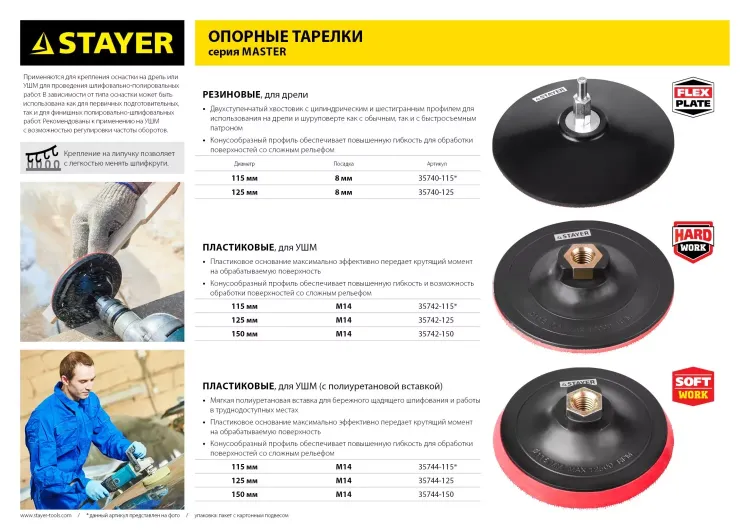 Тарелка опорная STAYER "MASTER" пластиковая для УШМ, на липучке, d=115мм, М14 35742-115 купить в Челябинске