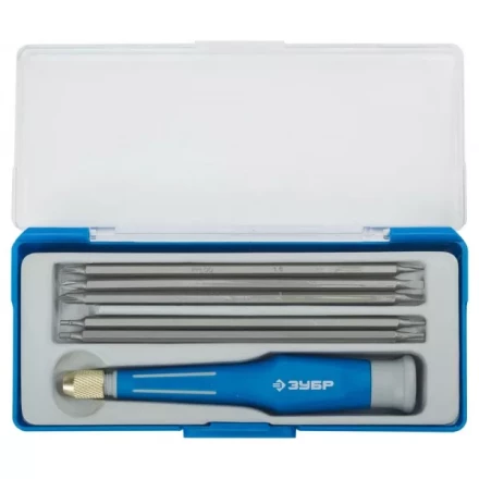 Набор ЗУБР Отвертка &quot;ЭКСПЕРТ&quot; для точных работ, двухкомп рукоятка, CR-V, сменные двустор стержни 120мм, 5шт, 6предм 25627-H6 купить в Челябинске
