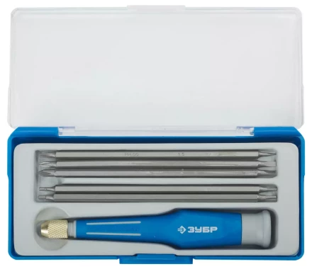 Набор ЗУБР Отвертка &quot;ЭКСПЕРТ&quot; для точных работ, двухкомп рукоятка, CR-V, сменные двустор стержни 120мм, 5шт, 6предм 25627-H6 купить в Челябинске