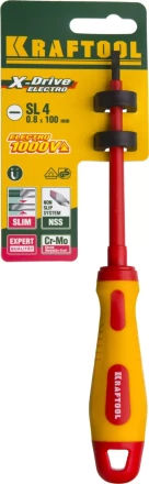 Отвертка KRAFTOOL, высоковольтная, Cr-Mo-V стержень, двухкомпонент. маслобензостойкая рукоятка, SL, 4,0х100мм 250083-4.0-100 купить в Челябинске