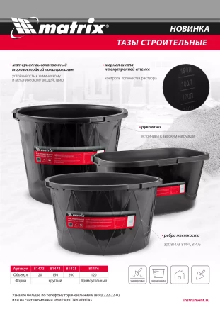 Таз строительный круглый универсальный Matrix, 120л, ударопрочный, с ребрами жесткости 81473 купить в Челябинске