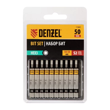 Бита HEX 3х50, сталь S2, шестигранный профиль, 10 шт. Е 6,3 Denzel 11661 купить в Челябинске