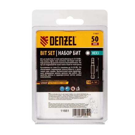 Бита HEX 3х50, сталь S2, шестигранный профиль, 10 шт. Е 6,3 Denzel 11661 купить в Челябинске