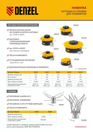 Катушка триммер. полуавтомат, гайка М10,М10,М8, лев.,шаг 1,0 1,25мм Denzel 96391 купить в Челябинске