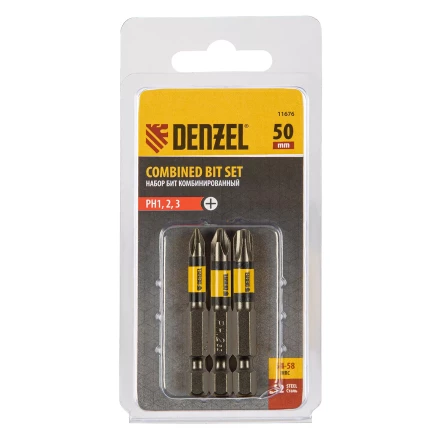 Набор бит комбинированный 3 шт., РН1, РН2, РН3, 50 мм, сталь S2 Denzel 11676 купить в Челябинске