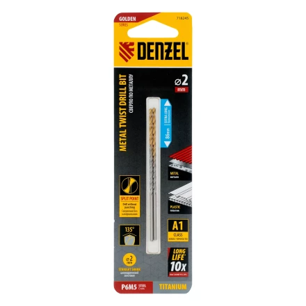 Сверло спиральное по металлу Denzel  2 х 86 мм Р6М5, Golden Tip, удлиненное, 2шт., 718245 купить в Челябинске