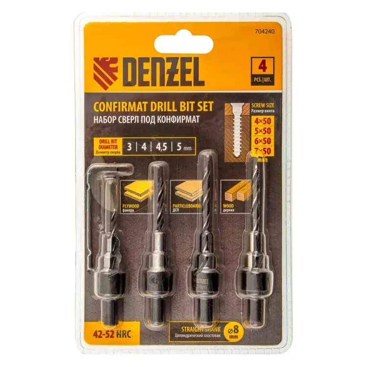 Набор сверл под конфирмат Denzel 704240, 3-5 мм, набор 4 шт купить в Челябинске