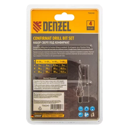 Набор сверл под конфирмат Denzel 704240, 3-5 мм, набор 4 шт купить в Челябинске
