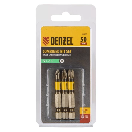 Набор бит комбинированный 3 шт., PZ1, PZ2, PZ3, 50 мм, сталь S2 Denzel 11677 купить в Челябинске