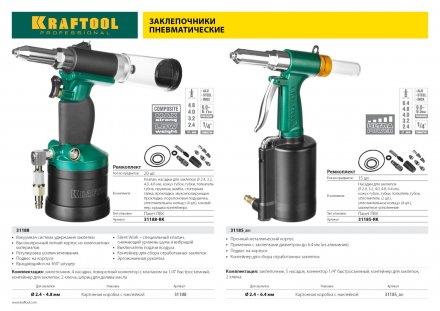 Заклепочник пневматический KRAFTOOL INDUSTRIE-PNEUMO для заклёпок из алюминия, стали, нерж. стали, d=2,4 / 3,2 / 4,0 / 4,8 / 6,4 мм 31185_z01 купить в Челябинске