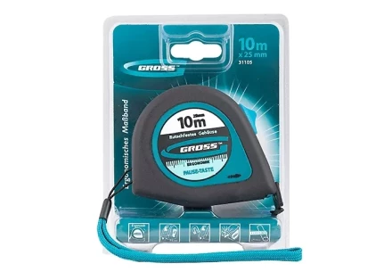 Рулетка &quot;Ergonomisch&quot;,10 м x 25 мм, магнитный обрезиненный зацеп  GROSS 31105 купить в Челябинске