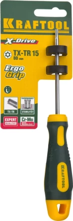 Отвертка KRAFTOOL, Cr-Mo-V сталь, двухкомпонентная противоскользящая рукоятка, TORX Hole, №15x80мм 250077-15-080 купить в Челябинске