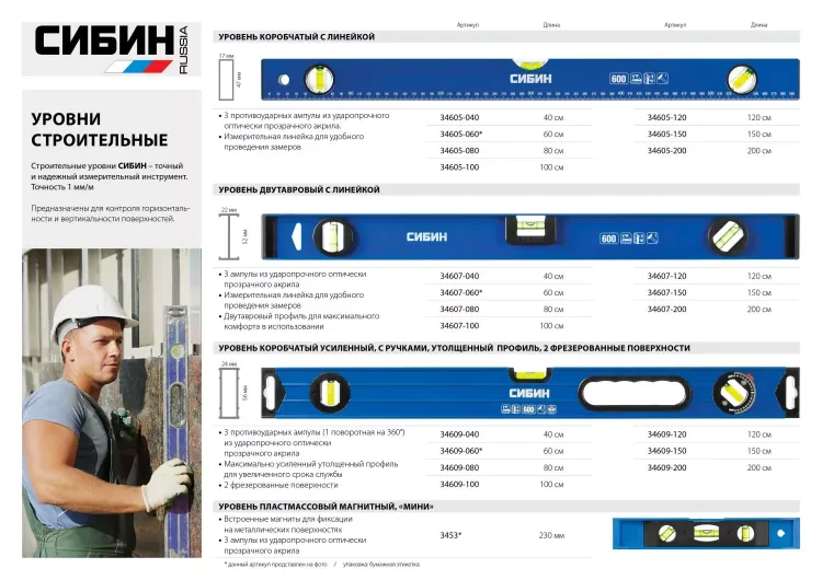 Уровень СИБИН коробчатый усиленный, утолщенный профиль, 2 фрезерованные поверхности, 3 противоударных ампулы (1 поворотная на 360 град), с ручками, 2 34609-200 купить в Челябинске