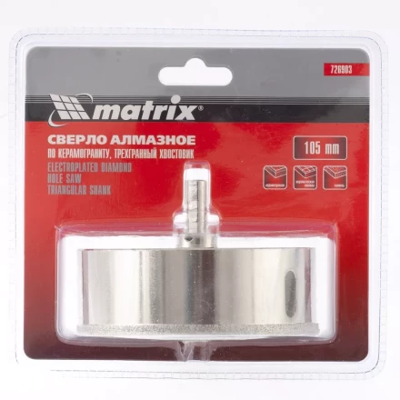 Сверло алмазное по керамограниту 105 х 67 мм 3-гранный хвостовик MATRIX артикул 726903 купить в Челябинске