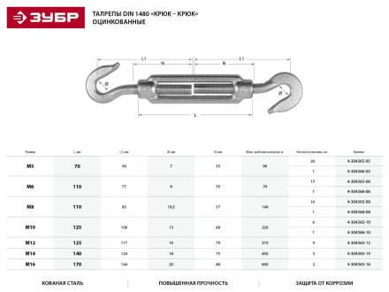 Талреп ЗУБР &quot;ПРОФЕССИОНАЛ&quot; DIN 1480, крюк-крюк, оцинкованный, кованая натяжная муфта, М14, 3 шт 4-304365-14 купить в Челябинске