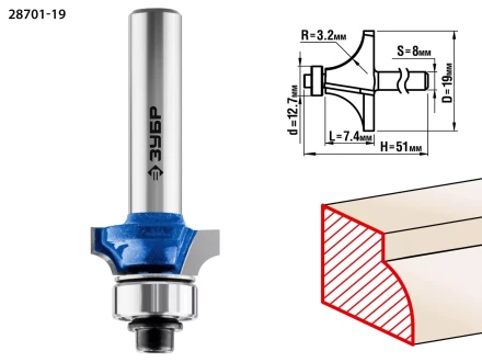 ЗУБР 19.0 x 7.4 мм, радиус 3.2 мм, фреза кромочная калевочная №1, Профессионал (28701-19) купить в Челябинске