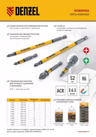 Бита PZ2х50, сталь легированная S2, 10 шт., круглый профиль, отрывная упаковка, Е 6,3 Denzel 11680 купить в Челябинске