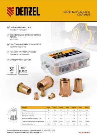 Заклепки резьбовые, стальные, оцинкованные, М6, пластиковый кейс, 70 шт. Denzel 40603 купить в Челябинске