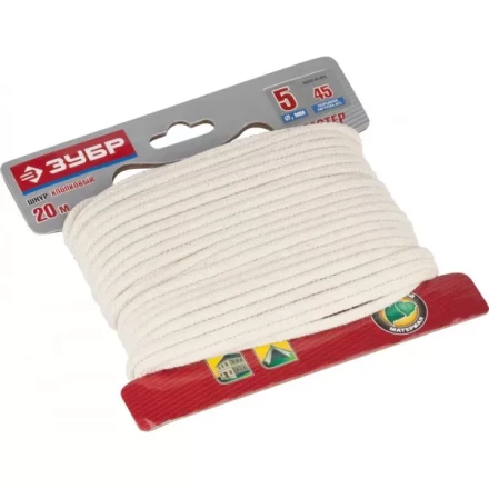 Шнур ЗУБР хлопковый плетеный, натуральный, без сердечника, d=5, 20 м, 45 кгс, 9,5 ктекс 50350-05-020 купить в Челябинске