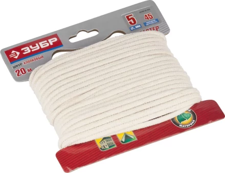 Шнур ЗУБР хлопковый плетеный, натуральный, без сердечника, d=5, 20 м, 45 кгс, 9,5 ктекс 50350-05-020 купить в Челябинске