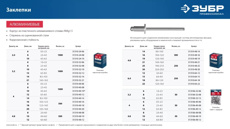 ЗУБР 3.2 x 12 мм, 50 шт, алюминиевые заклепки, Профессионал (313106-32-12) купить в Челябинске
