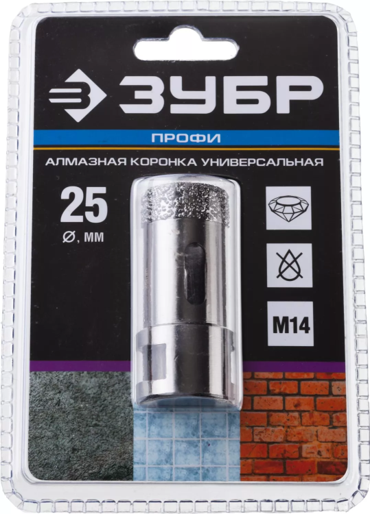 Алмазная коронка ЗУБР "ПРОФЕССИОНАЛ" универсальная для УШМ, сухое сверление, алмазы на вакуумной пайке,  посадка М14, d=25мм 29865-25 купить в Челябинске