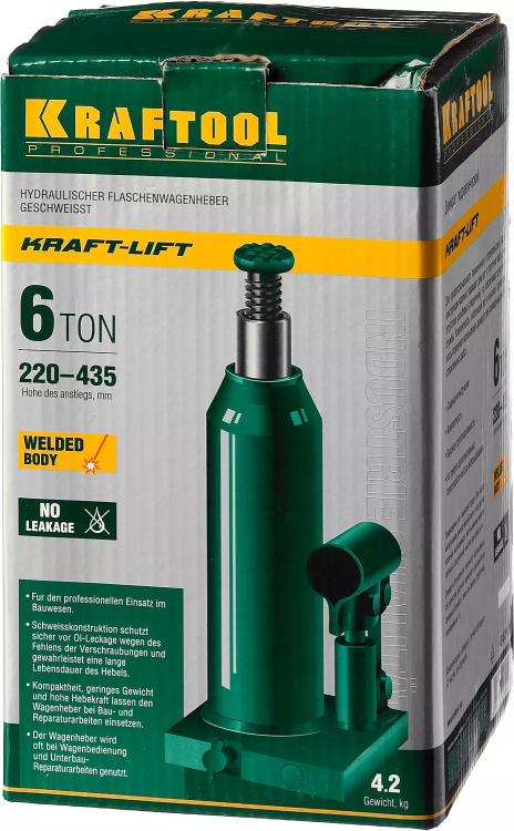 Домкрат гидравлический бутылочный "Kraft-Lift", сварной, 6т, 220-435мм, KRAFTOOL 43462-6 43462-6_z01 купить в Челябинске