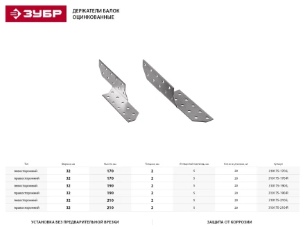 Держатель балки ЗУБР &quot;МАСТЕР&quot; правосторонний, 32х210мм, 20шт 310175-210-R купить в Челябинске