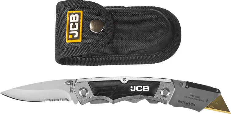 Нож JCB складной многофункц, трапец лезвие, тип "А24", перочин лезвие с серрейтор заточкой, мет корпус, чехол, 5 лезвий JLC003 купить в Челябинске