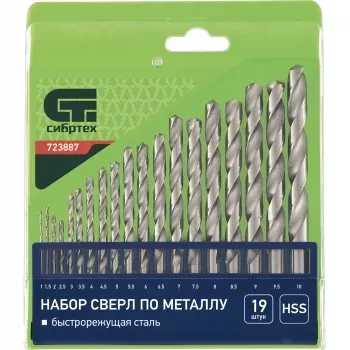 Набор сверл по металлу 1-10 мм через 0,5 мм HSS 19 штук ,пластик.коробка цил. хвостовик СИБРТЕХ 723887 купить в Челябинске