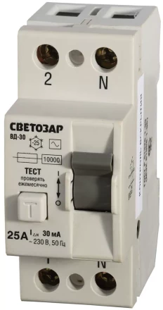 Выключатель дифференциальный &quot;УЗО&quot; СВЕТОЗАР, 2-полюсный, 25 A, &quot;AC&quot;, откл. диф.ток. 30 мА, 230 В SV-49152-30-25 купить в Челябинске