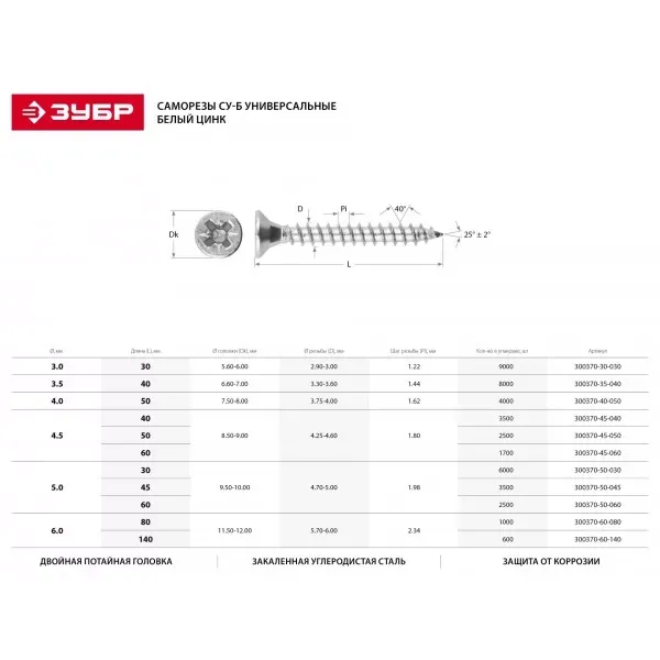Саморезы СУ-Б универсальные, 60 x 4.5 мм, 1 700 шт, белый цинк, ЗУБР 300370-45-060 купить в Челябинске