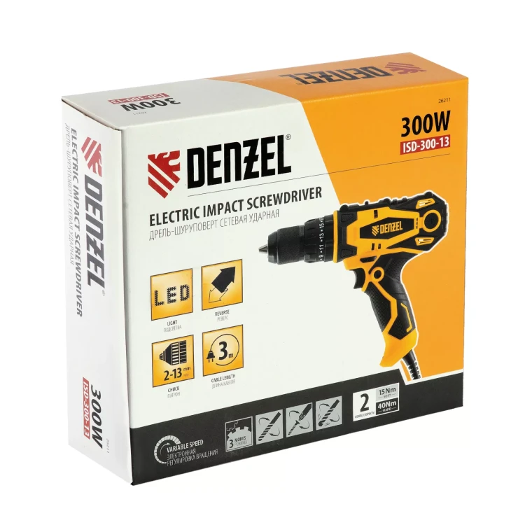 Дрель-шуруповерт сетевая ударная Denzel 26211, ISD-300-13 купить в Челябинске