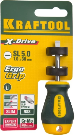 Отвертка KRAFTOOL, Cr-Mo-V сталь, двухкомпонентная противоскользящая рукоятка, SL, 5,5x38мм 250071-5.5-038 купить в Челябинске