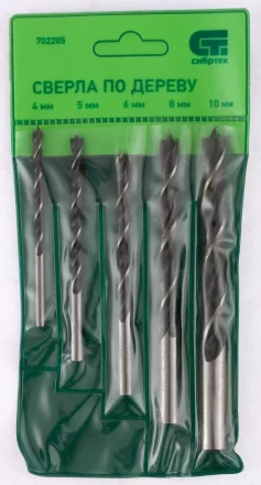 Набор сверл по дереву 4-5-6-8-10 мм 5 штук цилиндрический хвостовик СИБРТЕХ 702205 купить в Челябинске