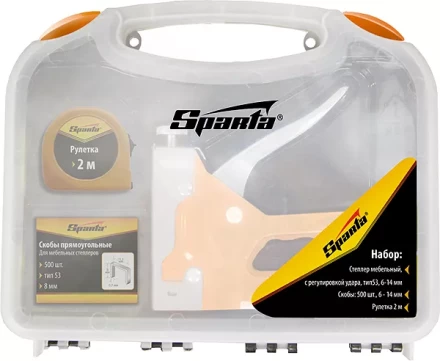Набор: степлер мебельный регулируемый скобы 500 шт рулетка 2м. тип скобы 53 6-14 мм Sparta 42003 купить в Челябинске