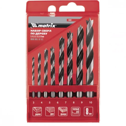 Набор сверл по дереву   3-4-5-6-7-8-9-10мм цилиндрический  хвостовик  пластиковый кейс MATRIX 70282 купить в Челябинске