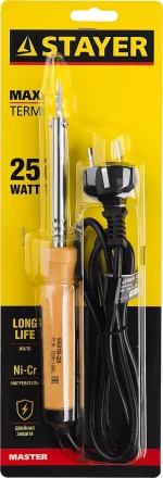 Паяльник MAXTerm с деревянной рукояткой, жало - конус, STAYER 55310-25, 25 Вт 55310-25 купить в Челябинске